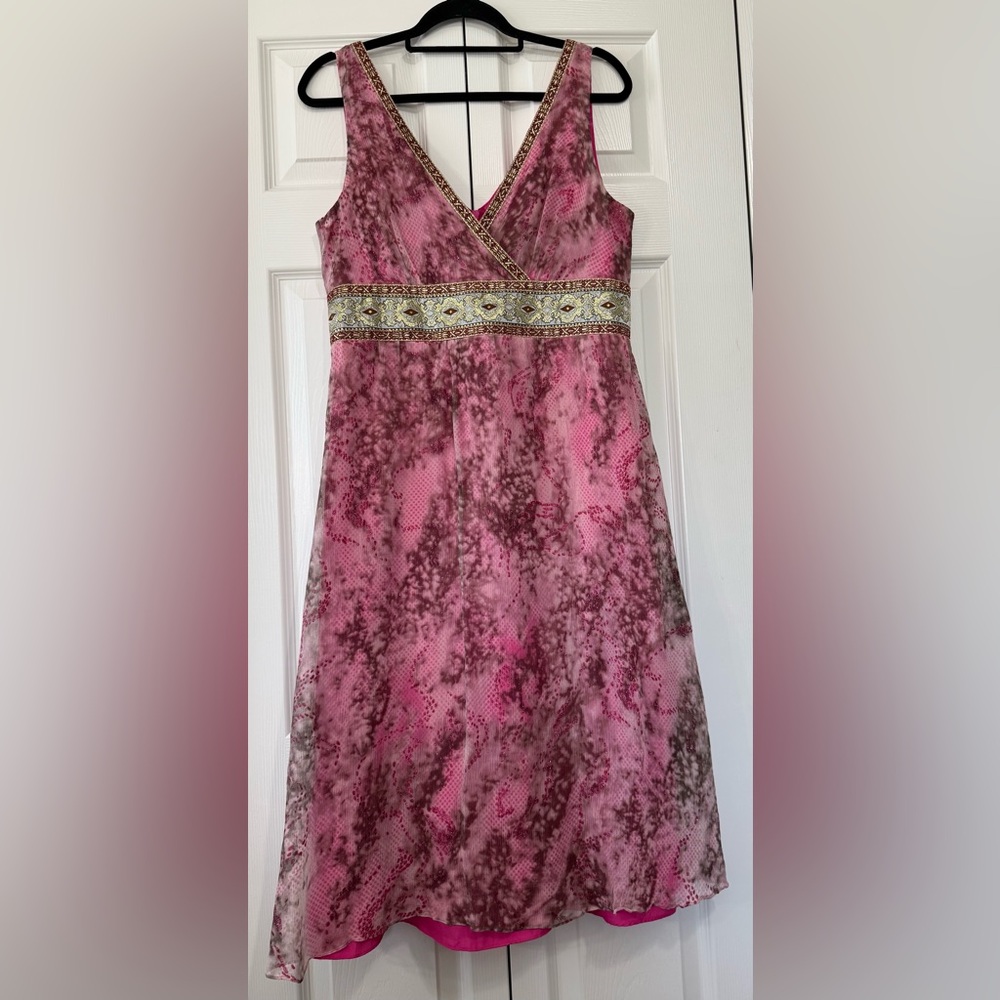 Robbie Bee Signature Silk Dress Size 12 Pink Boho Embellished Empire Waist